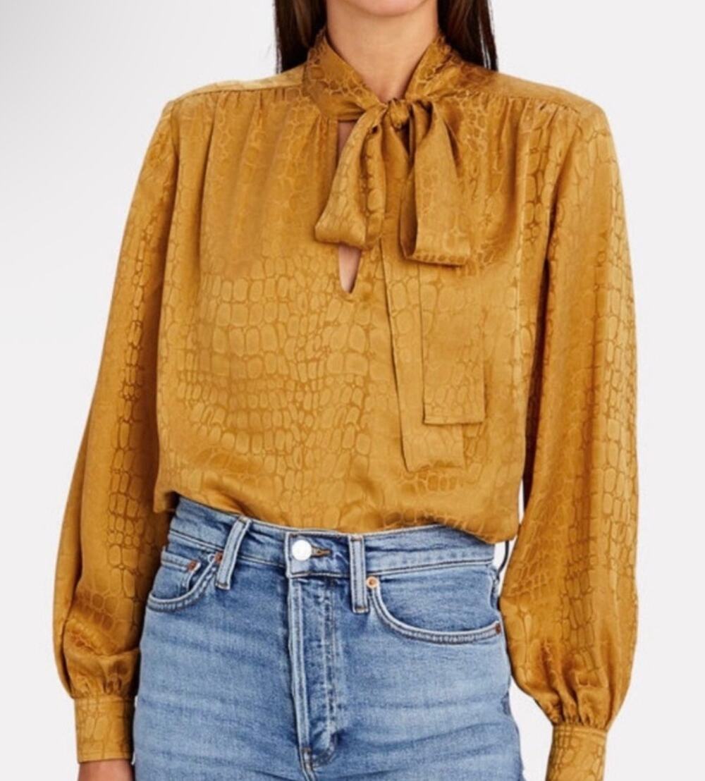 Anine Bing Delilah Tie Neck Jacquard 100% Silk Blouse Gold Mustard L